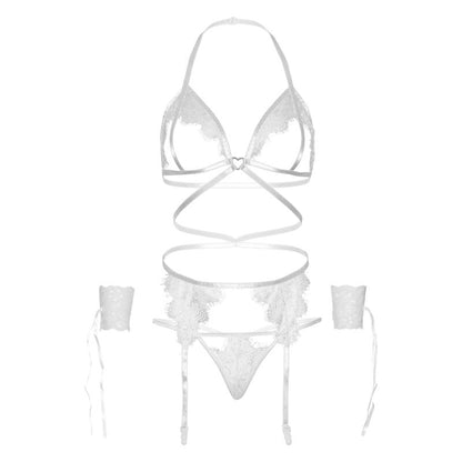 LEG AVENUE - ENSEMBLE QUATRE PIÈCES SOUTIEN-GORGE, STRING, PORTE-JARRETELLES ET POIGNETS TAILLE UNIQUE - BLANC