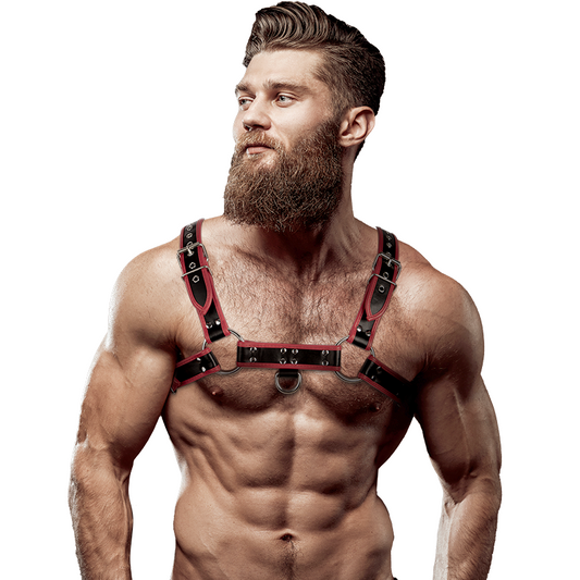 FETISH SUBMISSIVE ATTITUDE - HARNAIS DE POITRINE EN ÉCO-CUIR POUR HOMME NOIR/ROUGE