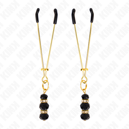 KINK - PINCES À TETON FINES OR AVEC 3 BILLES DE VERRE NOIR 7 CM