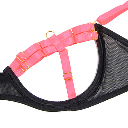 SUBBLIME - 955304 ENSEMBLE SOUTIEN-GORGE AVEC COLLIER ET DÉTAILS DE JAMBES ROSE FLUORESCENT L/XL