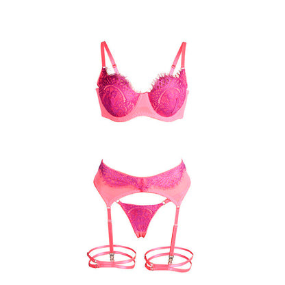 SUBBLIME - 955366 ENSEMBLE SOUTIEN-GORGE AVEC LIGNES DE DENTELLE ET JARRETELLES ROSE ET VIOLET L/XL
