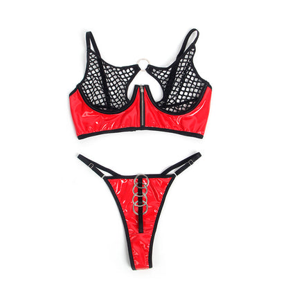 SUBBLIME - 955540 ENSEMBLE SOUTIEN-GORGE À FERMETURE ÉCLAIR EN CUIR VERNI ROUGE L/XL