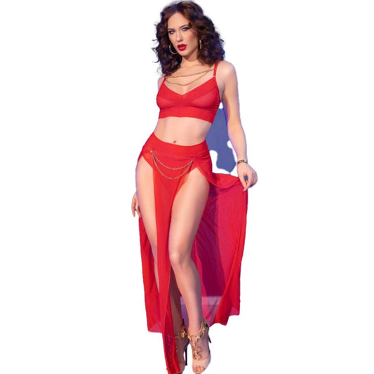 CHILIROSE - CR 4850 ENSEMBLE TOP ET LEGGINGS ROUGE AVEC ACCESSOIRES DORÉS XL