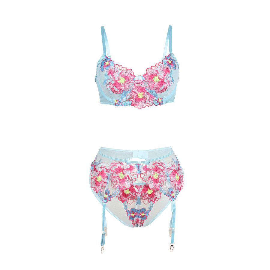 SUBBLIME - 957650 ENSEMBLE SOUTIEN-GORGE ET PORTE-JARRETELLES BRODÉ FLEURS ROSE L/XL